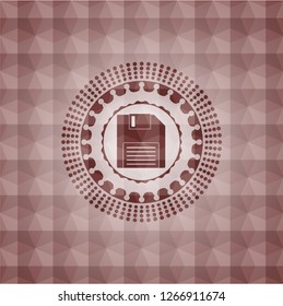 diskette icon inside red seamless emblem or badge with geometric pattern background.
