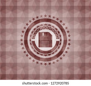 diskette icon inside red seamless badge with geometric pattern.