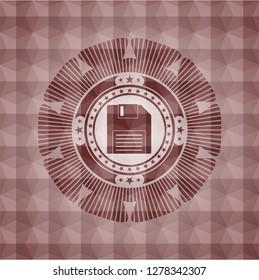 diskette icon inside red seamless emblem or badge with abstract geometric pattern background.