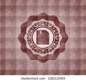 diskette icon inside red seamless emblem with geometric background.