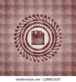 diskette icon inside red seamless emblem or badge with abstract geometric polygonal pattern background.