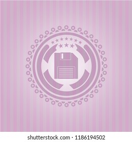 diskette icon inside retro pink emblem