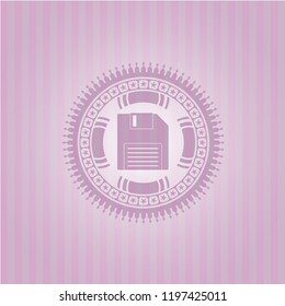 diskette icon inside retro style pink emblem