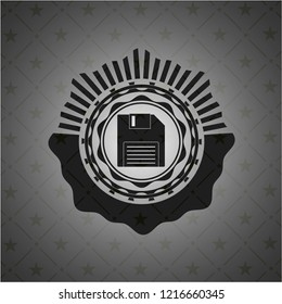 diskette icon inside retro style black emblem