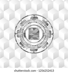 diskette icon inside retro style grey emblem with geometric cube white background