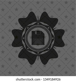 diskette icon inside retro style black emblem