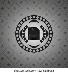 diskette icon inside retro style black emblem. 