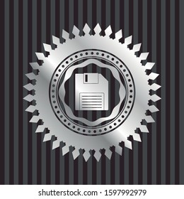 diskette icon inside silvery badge or emblem