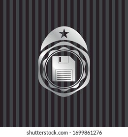 diskette icon inside silvery badge or emblem