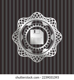 diskette icon inside silvery shiny badge. 