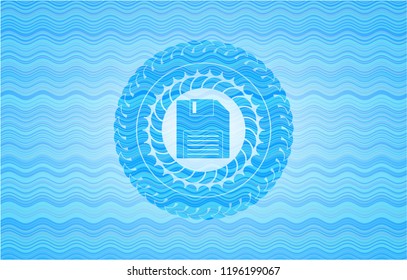 diskette icon inside sky blue water wave style emblem.