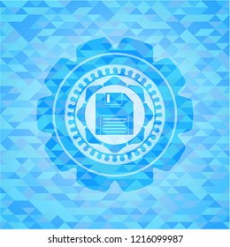 diskette icon inside sky blue emblem with mosaic background