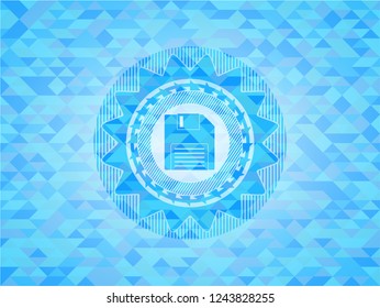 diskette icon inside sky blue emblem. Mosaic background