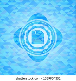 diskette icon inside sky blue emblem with mosaic ecological style background