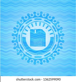 diskette icon inside sky blue water style badge.