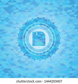 diskette icon inside sky blue emblem with mosaic ecological style background