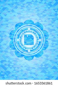 diskette icon inside sky blue emblem with mosaic background