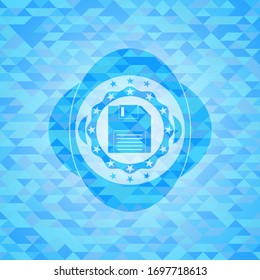 diskette icon inside sky blue emblem with mosaic ecological style background