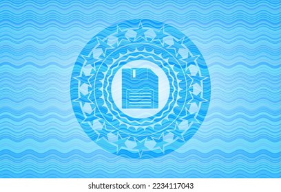 diskette icon inside sky blue water badge. 