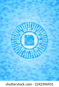 diskette icon inside sky blue mosaic emblem. 