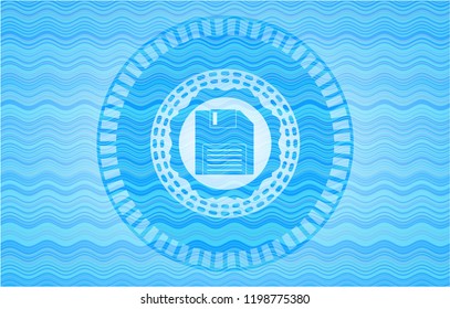 diskette icon inside water wave style emblem.