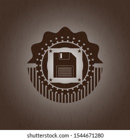 diskette icon inside wood emblem. Vintage.