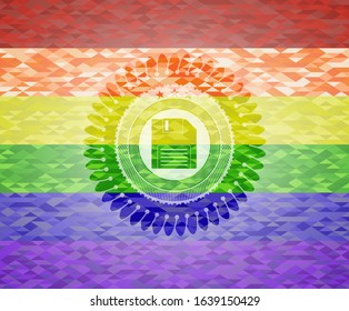 diskette icon on mosaic background with the colors of the LGBT flag