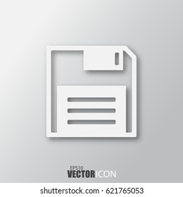 Diskette icon in white style with shadow isolated on grey background. For your design, logo. Vector illustration.