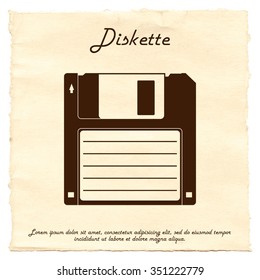 Diskette on old paper background. Retro diskette, vintage diskette.  Diskette in vector isolated on white background.