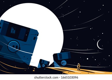 Diskette on space background vector illustration. Big floppy disks, moon, stars, night sky and cosmonaut in spacesuit flat style concept. Cosmic design