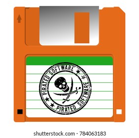 Diskette with pirated software, stamp with a skull