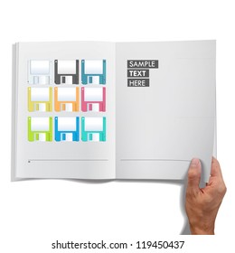 Diskette printed on book. Isolated background design.