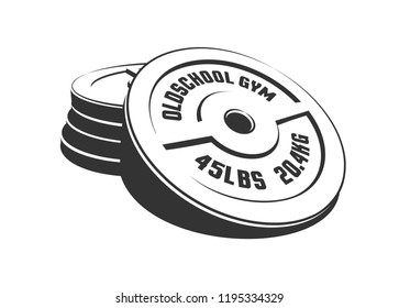 Disks for a heavy weight barbell in a stack. Equipment for the gym. Stamp retro style.