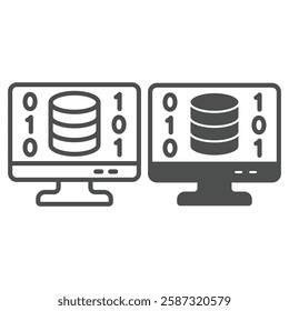 Disks on monitor screen line and solid icon, data encryption and storage concept. Vector graphics. Digital backup sign on white background, outline style icon for mobile or web design