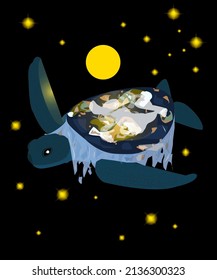 Un mundo de disco con continentes y océanos en la parte de atrás de una tortuga que flota en el espacio. Concepto antiguo del mundo.