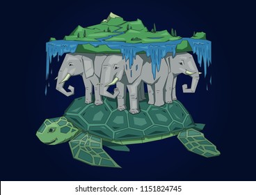 Diskworld resting on elephants and big turtle. Ancient world model, mythical flat Earth concept. Flat line vector illustration. Colored cartoon style, isolated on black background.