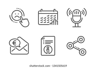 Dislike, Calendar graph and Technical info icons simple set. Euro money, Microphone and Share signs. Negative feedback, Annual report. Technology set. Line dislike icon. Editable stroke. Vector