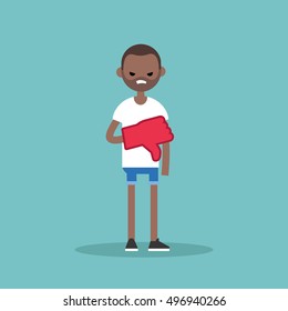 Dislike concept. Displeased black man wearing foam finger / editable flat vector illustration