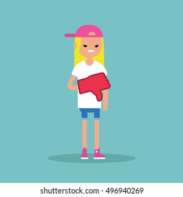 Dislike concept. Displeased blond teenage girl wearing foam finger / editable flat vector illustration