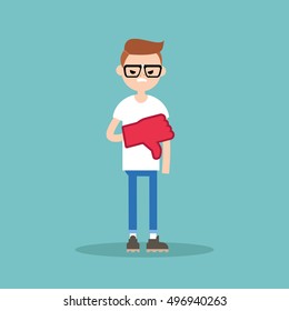 Dislike concept. Displeased nerd boy wearing foam finger / editable flat vector illustration