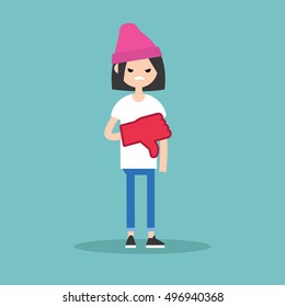 Dislike concept. Displeased teenage girl wearing foam finger / editable flat vector illustration