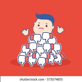 Dislike It Concept Thumbs Down Symbols Unhappy Cartoon Man Brush Aside The Hill Red Buttons Hand Dislike Flat Design For Social Networking Blogging Disapproval Customers Feedback Vector Illustration