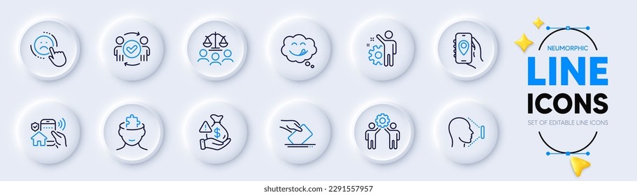Dislike, Court jury and Yummy smile line icons for web app. Pack of Employee, Bribe, Location app pictogram icons. Employees teamwork, Face id, Mental conundrum signs. House security. Vector