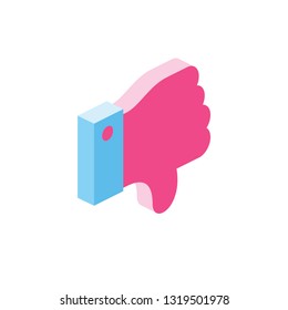 Dislike Emblem hand 3d vector icon isometric pink and blue color minimalism illustrate