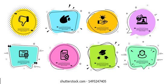 Dislike hand, Certificate and Throw hats line icons set. Chat bubbles with quotes. Augmented reality, Online chemistry and Blood donation signs. Reject certificate, Hold heart symbols. Vector