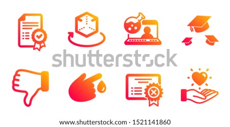 Dislike hand, Certificate and Throw hats line icons set. Augmented reality, Online chemistry and Blood donation signs. Reject certificate, Hold heart symbols. Thumbs down, Verified document. Vector