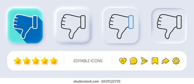 No me gusta el icono de la línea de la mano. Neumórfico, Sombra plana, Botones 3D. Signo del dedo pulgar hacia abajo. Símbolo de gesto. Icono de la mano de disgusto de línea. Iconos de redes sociales. Vector