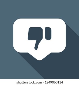 Dislike hand in notification cloud. Social icon. White flat icon with long shadow on blue background