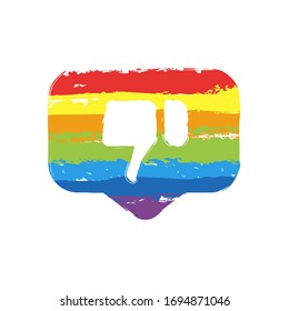 Dislike hand in notification cloud. Social icon. Drawing sign with LGBT style, seven colors of rainbow (red, orange, yellow, green, blue, indigo, violet