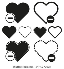 Dislike hearts collection. Negative feedback heart shapes set. Unfavored love symbols variety. Disapproval signs with hearts. Vector illustration. EPS 10.